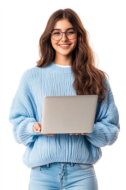 Home a woman in a blue sweater holds a laptop premium ai generated image